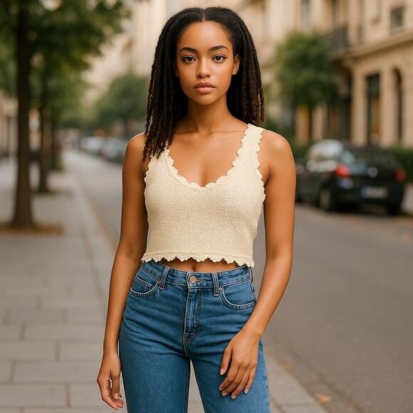 Debut Cream Crochet Knit Cropped Tank Top Open Back Scalloped S/M - Picture 10 of 10